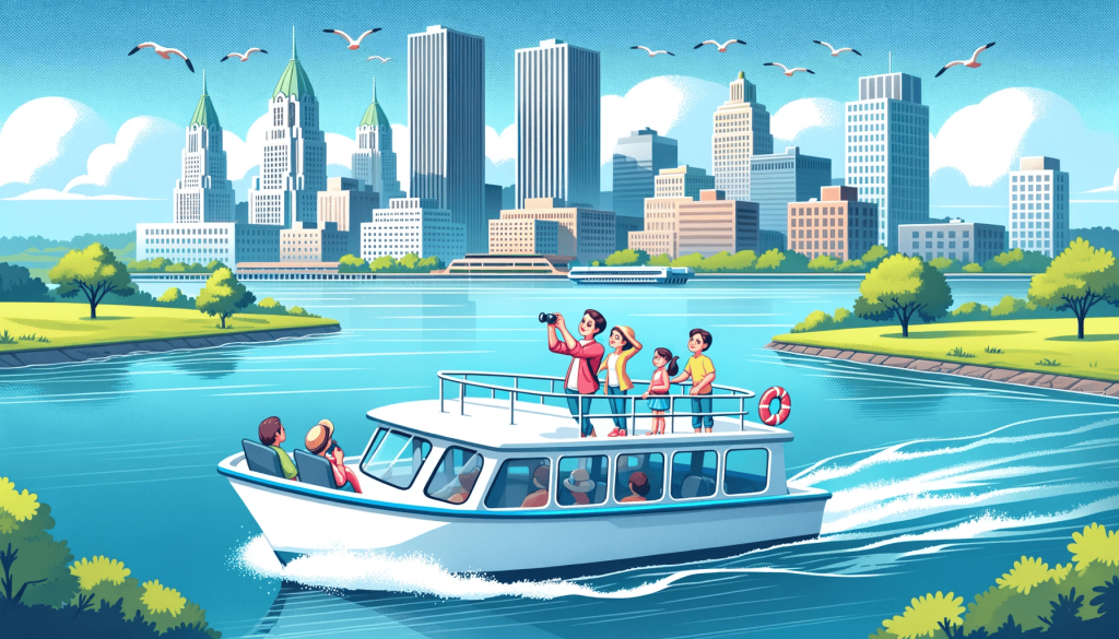 Illustration of a family on a boat tour in Buffalo, with the city's skyline in the background. The boat is cruising on calm waters, and the family is