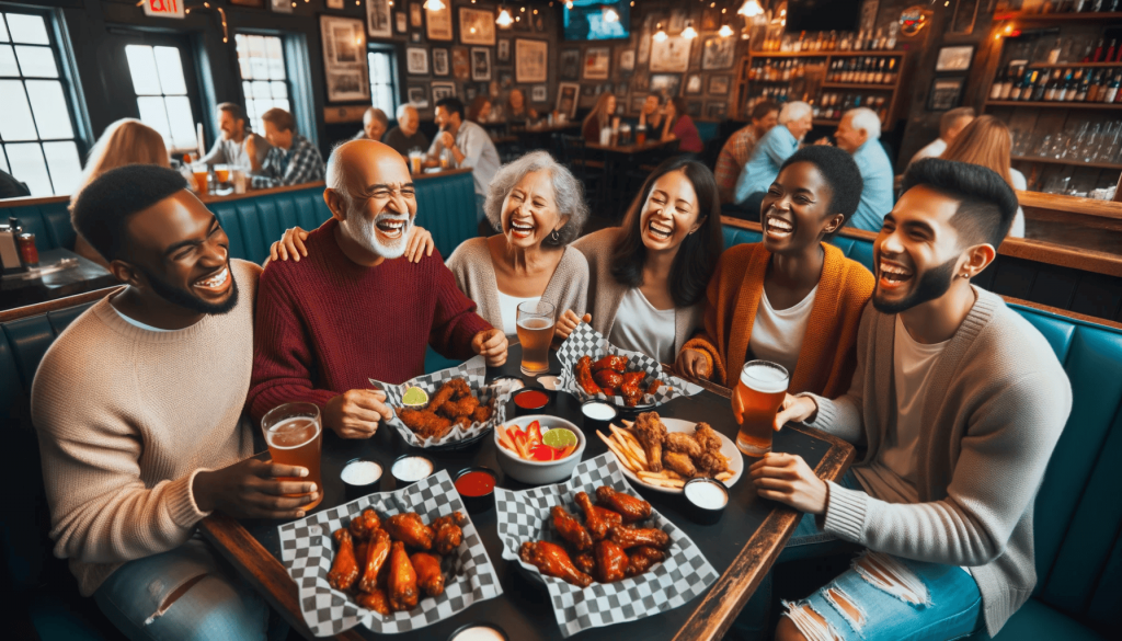 Photo of a diverse family sitting in a popular restaurant in Buffalo, enjoying traditional Buffalo wings. The table is filled with various dishes