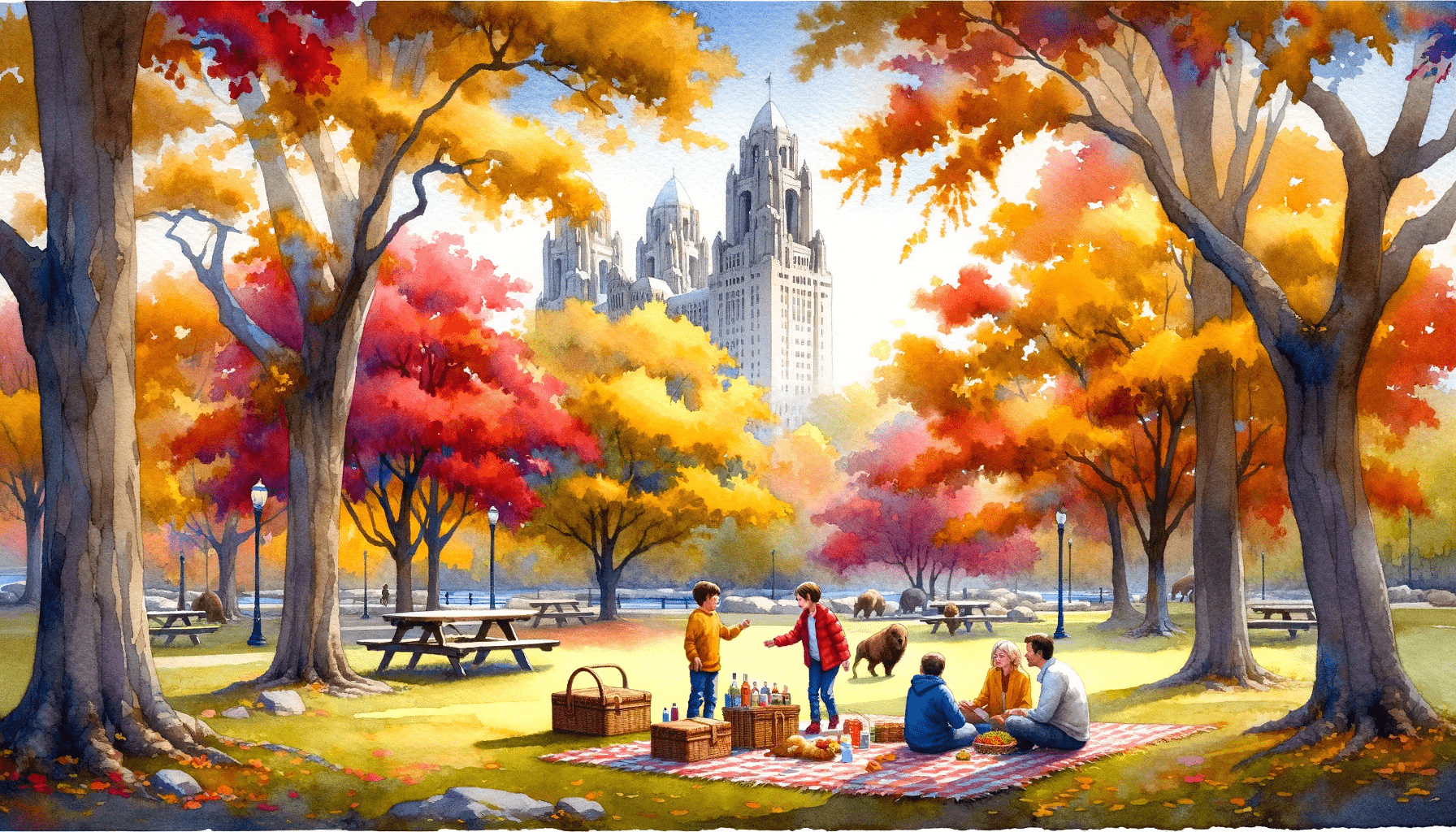 Watercolor painting of a family visiting Buffalo's famous parks during fall. Trees with golden and red leaves surround them, and they are having a pic-min